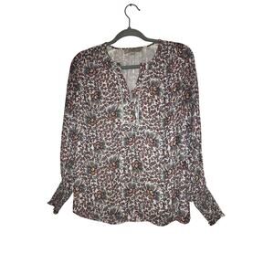 LOFT Floral Long Sleeve Blouse Split Neck Smocked Cuffs Boho Size XS Petite